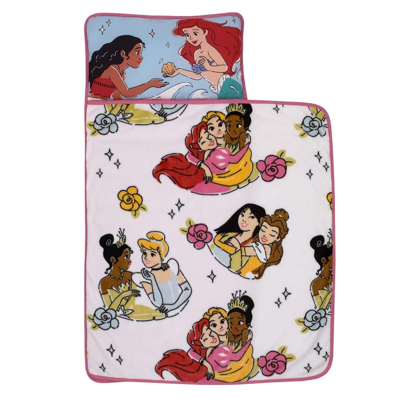 NoJo Disney Princesses Courage and Kindness Pink, Blue, and White Ariel, Tiana, Moana, Cinderella, Mulan, and Belle Toddler Nap Mat - Image 1